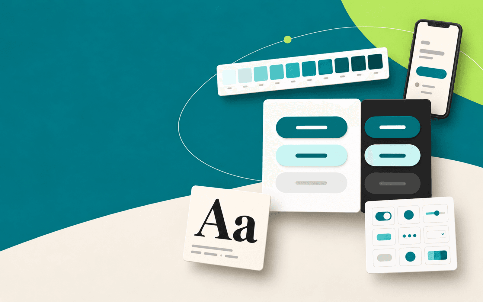 Illustration of floating design-system artifacts: a teal color ramp, light and dark button states, serif typography, and reusable components.