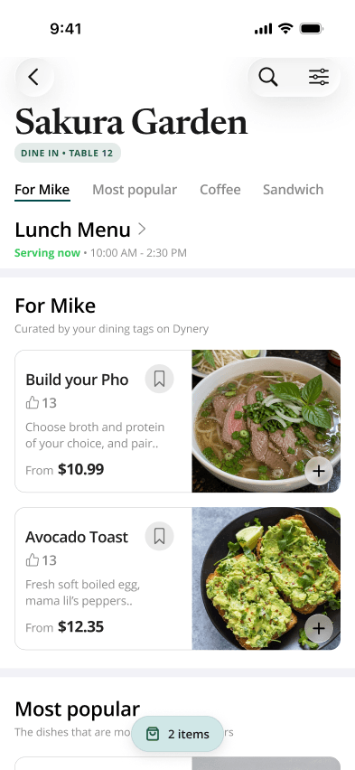 A menu that helps you choose. Personal recommendations, prices and add-to-order actions in one place.