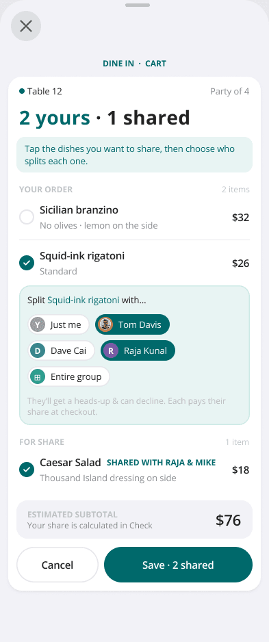 Choose who shares each dish. Select the people sharing a plate before settling the bill.