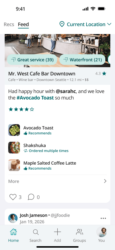 The experience stays together. A visit, its dish recommendations and one social interaction footer.