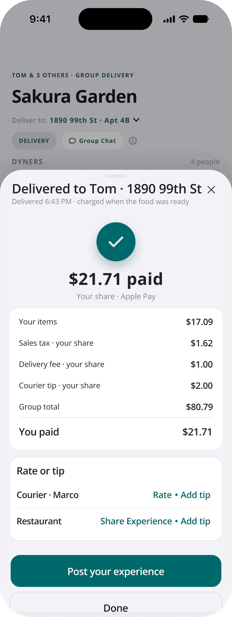 One record after the meal. An itemized receipt reconnects the transaction to the dining experience.