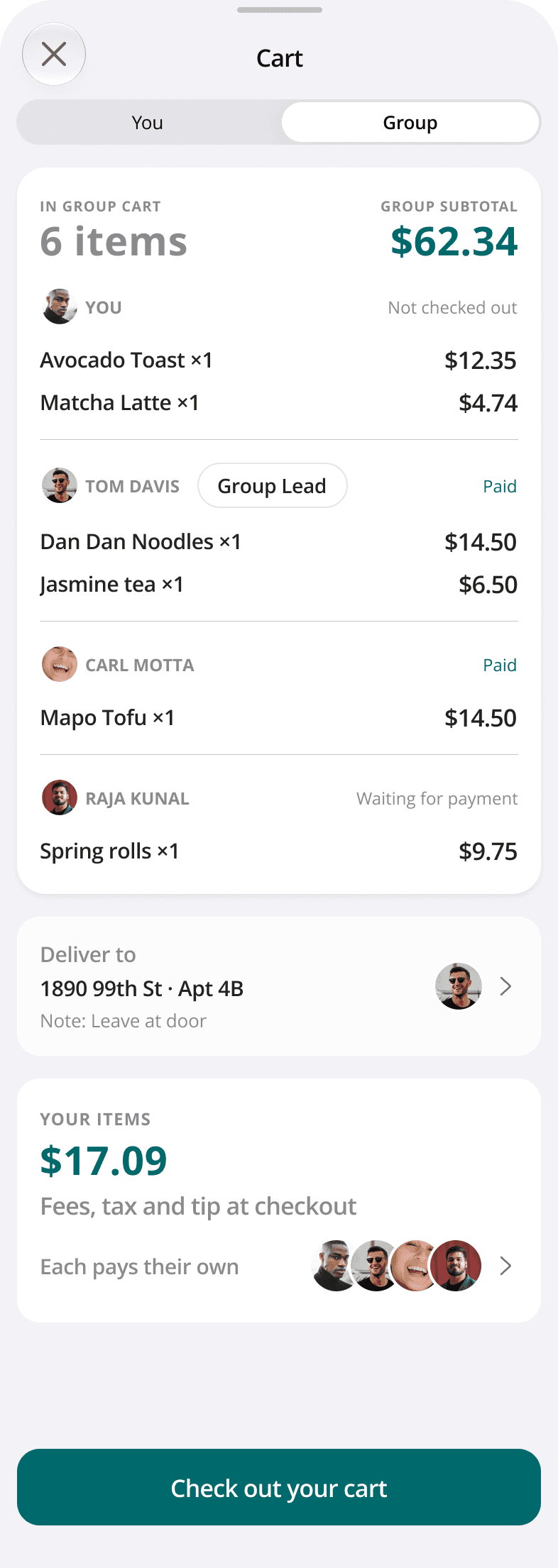 Everyone can see their part. Personal items and each diner’s checkout status remain visible.