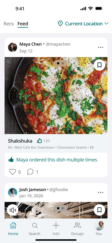 Food, with a familiar face. A dish recommendation carries its author and their dining history.