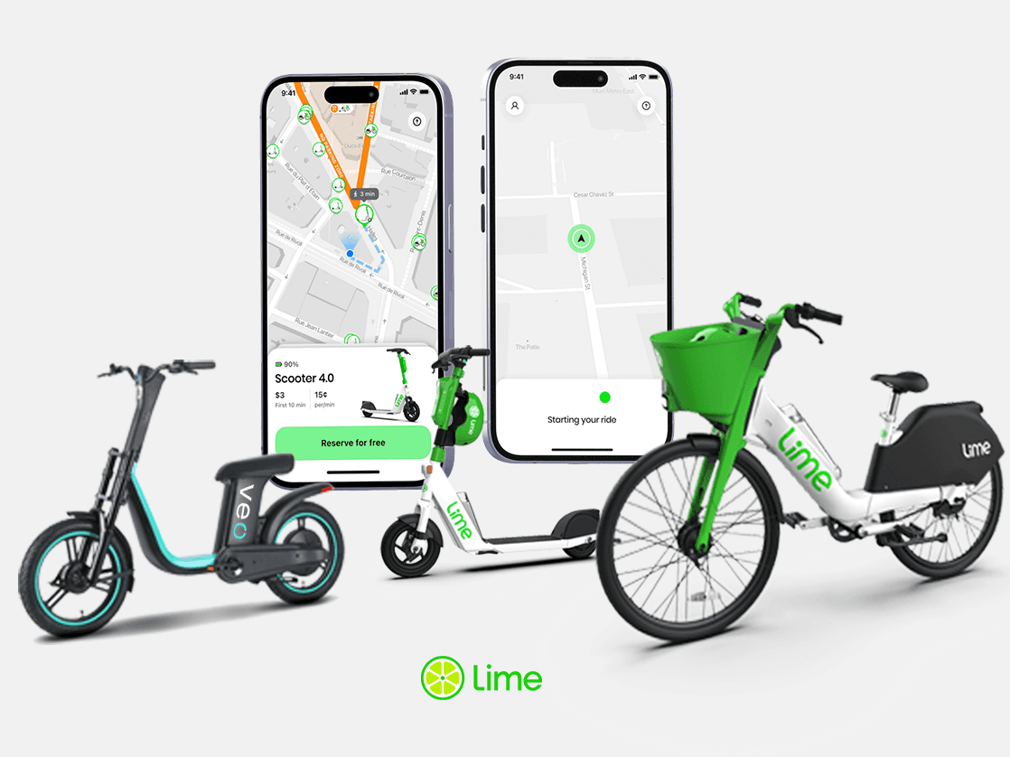 Lime's app on two phones beside the vehicles in the study: the Veo Cosmo-E seated scooter and Lime e-bikes