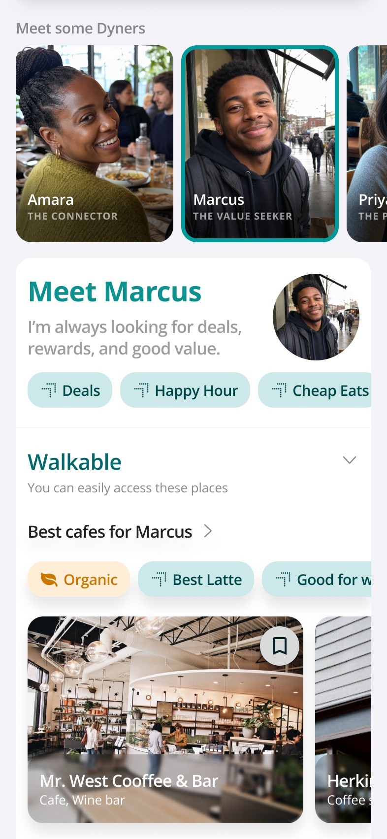 Seeded home feed with Marcus — The Value Seeker — selected: their profile card, taste tags, and curated lists