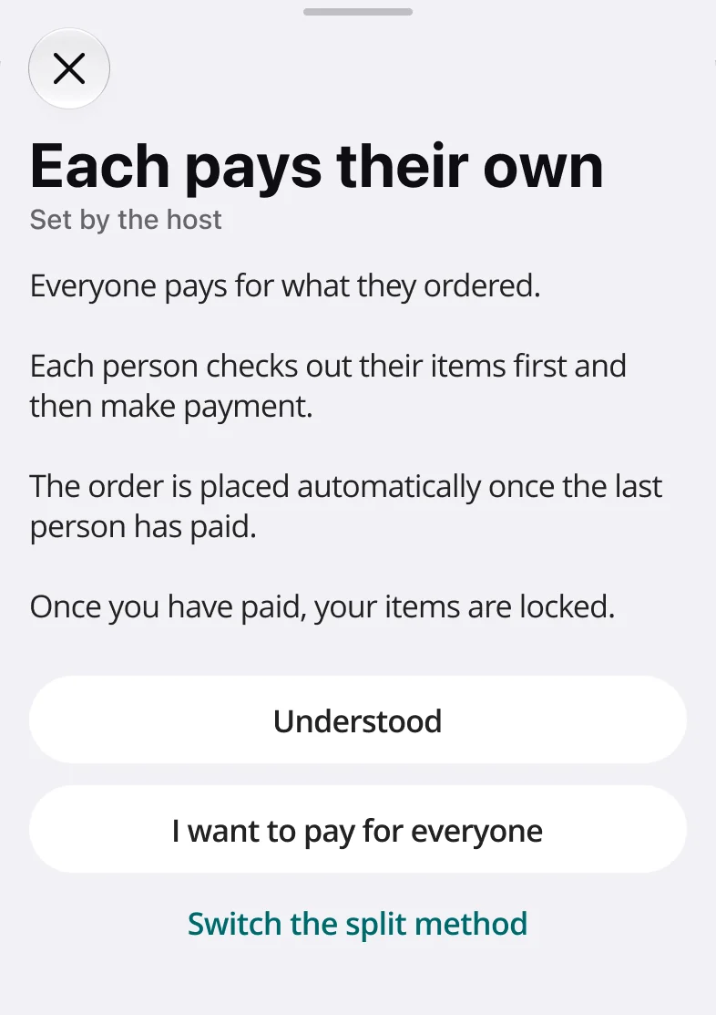 Mode sheet as the host sees it: Each pays their own, set by the host, with a Switch the split method link.