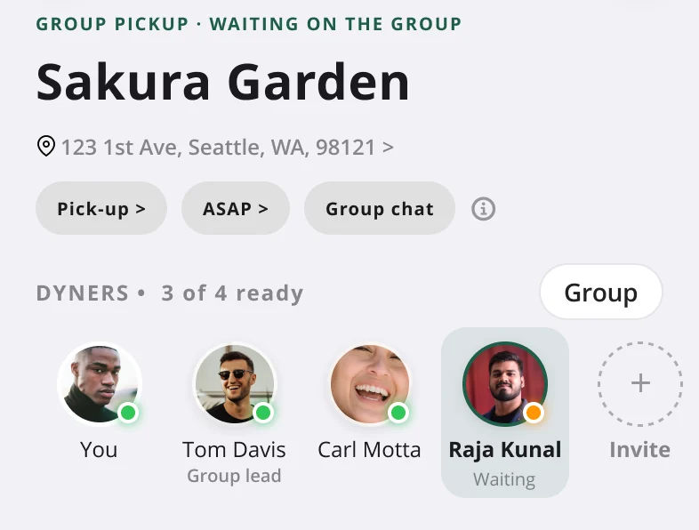 Group pickup Session Home for the same four people: status and roster, with the pickup address and a Pick-up chip.