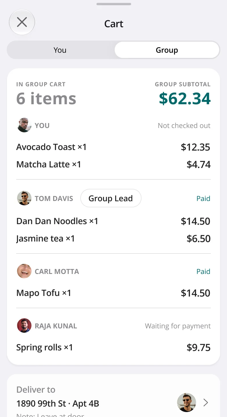 Group cart, each pays their own: six items, group subtotal $62.34, Tom and Carl paid, you not checked out, Raja waiting for payment; your items $17.09, with fees, tax and tip at checkout.