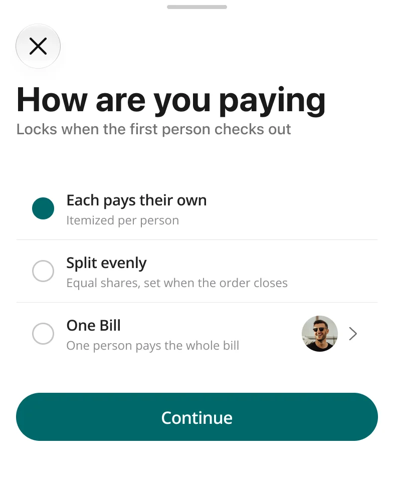 How are you paying sheet: Each pays their own, itemized per person; Split evenly, equal shares set when the order closes; One Bill, one person pays the whole bill. Subtitle: locks when the first person checks out.