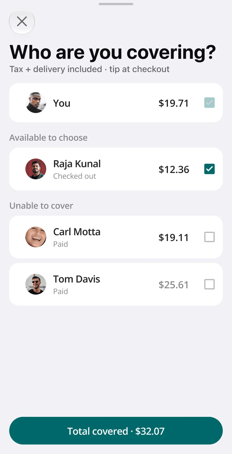 Who are you covering sheet: Raja Kunal available at $12.36 and selected, Carl and Tom unable to cover because they have paid, total covered $32.07.